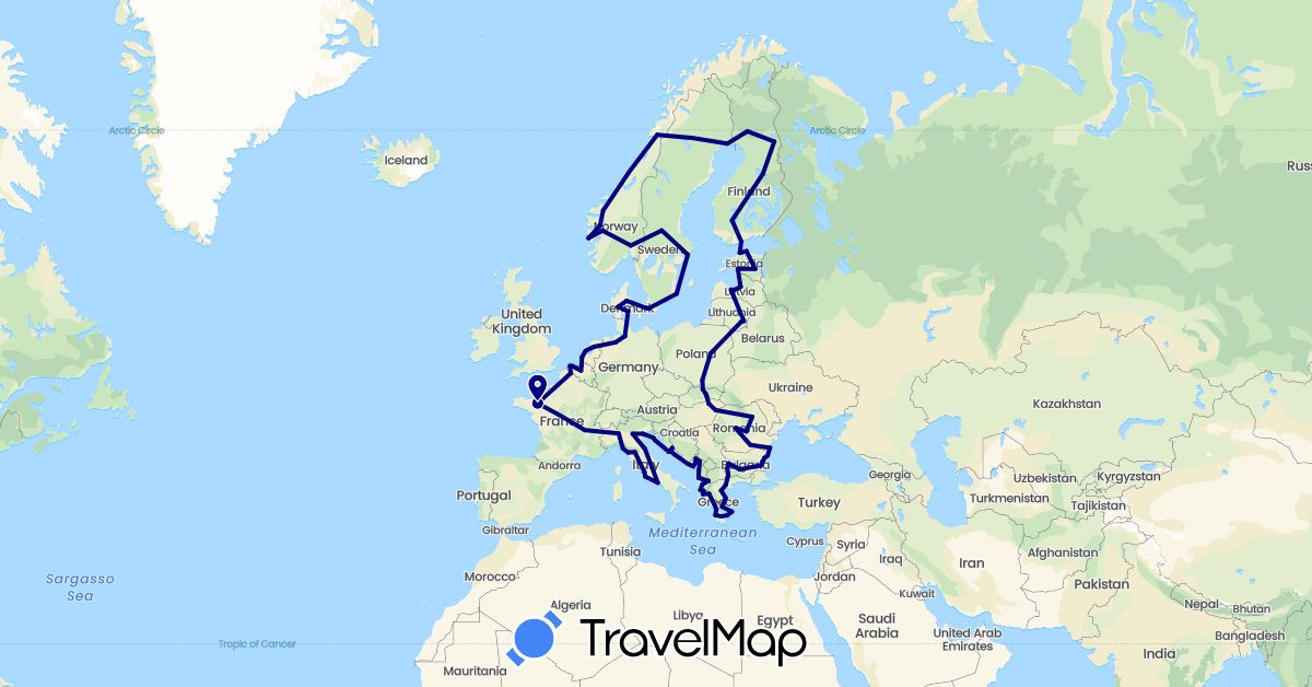 TravelMap itinerary: driving in Albania, Belgium, Bulgaria, Germany, Denmark, Estonia, Finland, France, Greece, Croatia, Hungary, Italy, Lithuania, Latvia, Montenegro, Netherlands, Norway, Poland, Romania, Sweden, Slovakia (Europe)